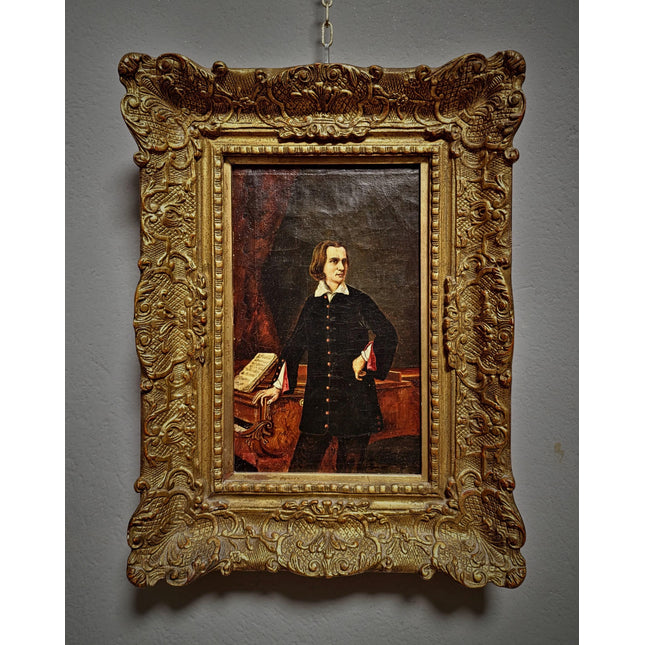 Antique Portrait Oil Painting, Romantic Male Figure, 19th Century Composer Scene, Gilded Frame Wall Decor, Historic Collectible Fine Art