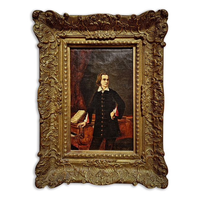 Antique Portrait Oil Painting, Romantic Male Figure, 19th Century Composer Scene, Gilded Frame Wall Decor, Historic Collectible Fine Art