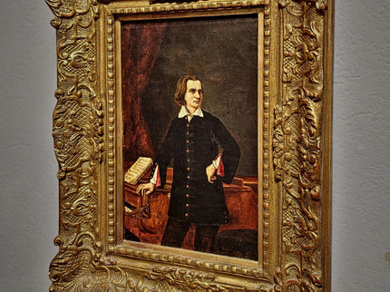 Antique Portrait Oil Painting, Romantic Male Figure, 19th Century Composer Scene, Gilded Frame Wall Decor, Historic Collectible Fine Art
