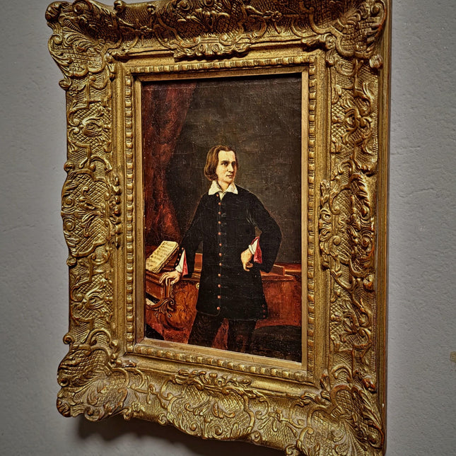 Antique Portrait Oil Painting, Romantic Male Figure, 19th Century Composer Scene, Gilded Frame Wall Decor, Historic Collectible Fine Art