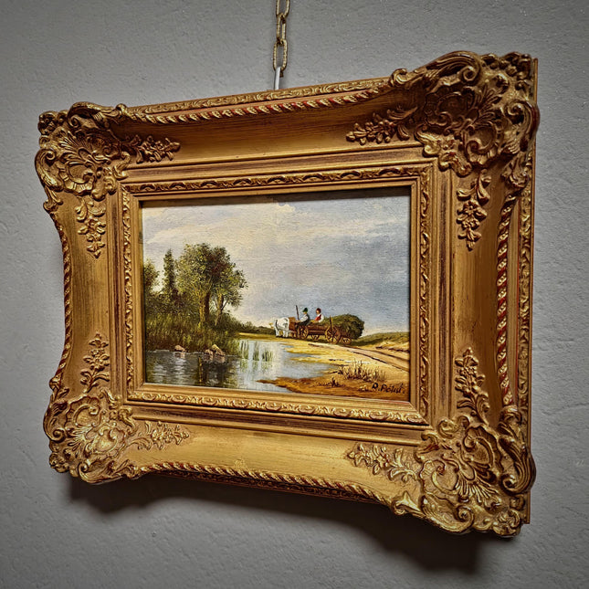 Vintage Landscape Oil Painting, Small Signed Original Artwork, Gold Framed Farmhouse Decor, European Countryside Scene, Rustic Wall Art