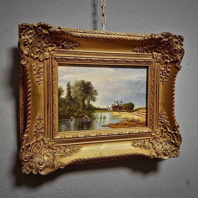 Vintage Landscape Oil Painting, Small Signed Original Artwork, Gold Framed Farmhouse Decor, European Countryside Scene, Rustic Wall Art