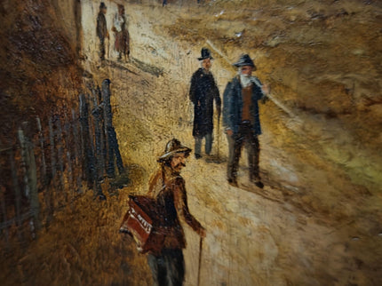 Antique Townscape Oil Painting, Signed Realistic Scene, Small 19th Century Artwork, Architecture and Figures, Ornate Gold Frame Wall Decor