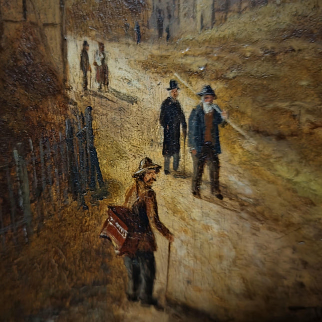 Antique Townscape Oil Painting, Signed Realistic Scene, Small 19th Century Artwork, Architecture and Figures, Ornate Gold Frame Wall Decor