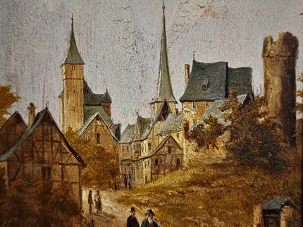 Antique Townscape Oil Painting, Signed Realistic Scene, Small 19th Century Artwork, Architecture and Figures, Ornate Gold Frame Wall Decor