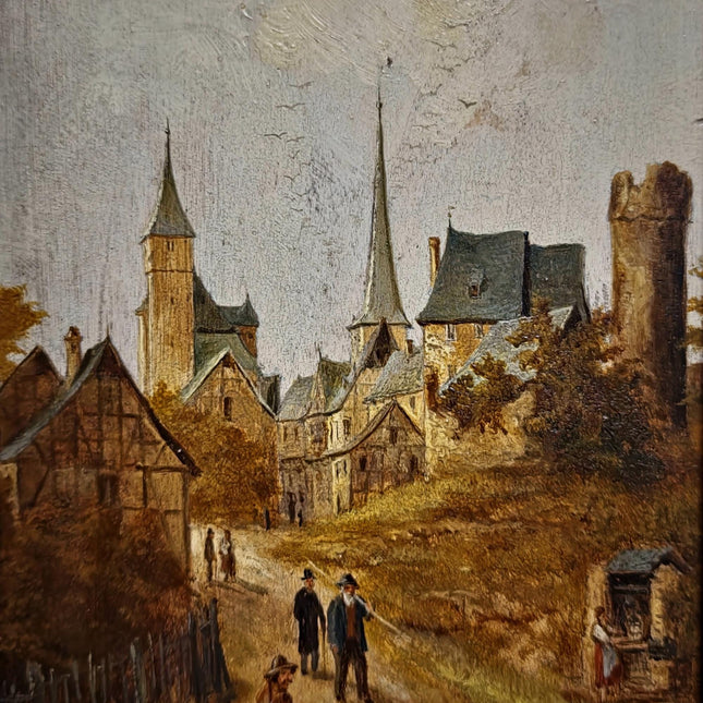 Antique Townscape Oil Painting, Signed Realistic Scene, Small 19th Century Artwork, Architecture and Figures, Ornate Gold Frame Wall Decor