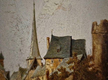 Antique Townscape Oil Painting, Signed Realistic Scene, Small 19th Century Artwork, Architecture and Figures, Ornate Gold Frame Wall Decor