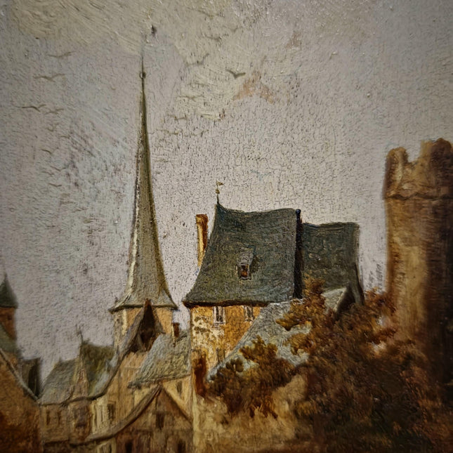 Antique Townscape Oil Painting, Signed Realistic Scene, Small 19th Century Artwork, Architecture and Figures, Ornate Gold Frame Wall Decor