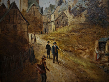 Antique Townscape Oil Painting, Signed Realistic Scene, Small 19th Century Artwork, Architecture and Figures, Ornate Gold Frame Wall Decor