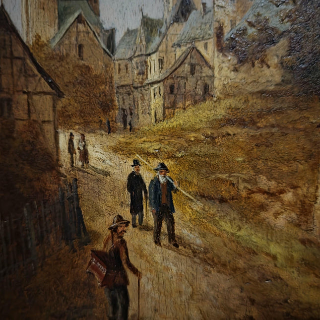 Antique Townscape Oil Painting, Signed Realistic Scene, Small 19th Century Artwork, Architecture and Figures, Ornate Gold Frame Wall Decor