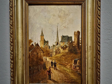 Antique Townscape Oil Painting, Signed Realistic Scene, Small 19th Century Artwork, Architecture and Figures, Ornate Gold Frame Wall Decor