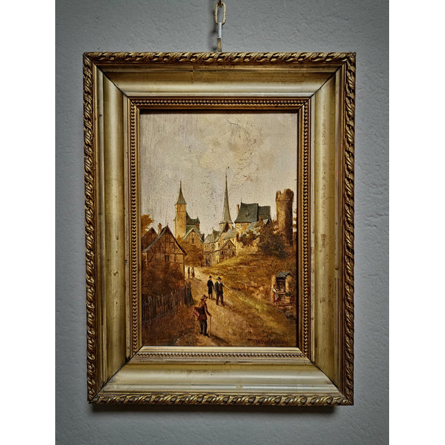 Antique Townscape Oil Painting, Signed Realistic Scene, Small 19th Century Artwork, Architecture and Figures, Ornate Gold Frame Wall Decor