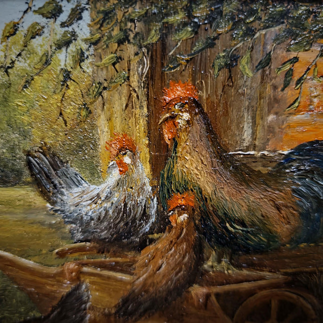 Vintage Farm Animal Oil Painting, Small Signed Artwork, Rustic Rooster and Hen Scene, Original German Village Decor, Framed Country Wall Art