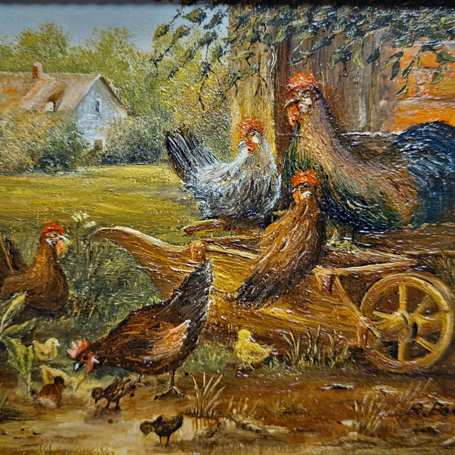 Vintage Farm Animal Oil Painting, Small Signed Artwork, Rustic Rooster and Hen Scene, Original German Village Decor, Framed Country Wall Art