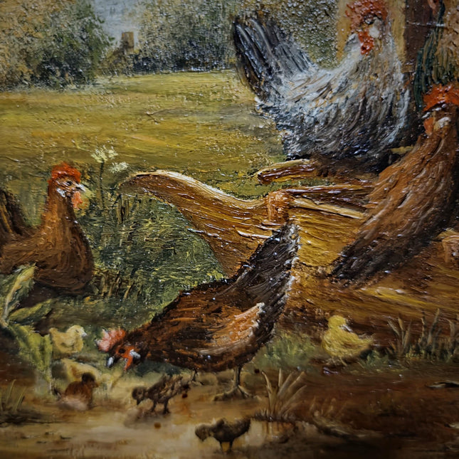 Vintage Farm Animal Oil Painting, Small Signed Artwork, Rustic Rooster and Hen Scene, Original German Village Decor, Framed Country Wall Art