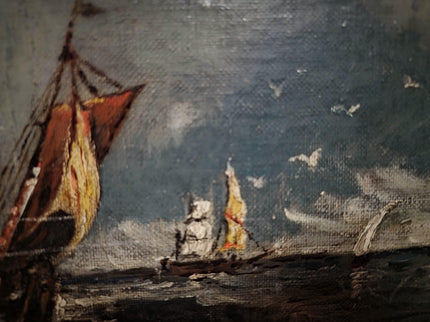 Antique Marine Oil Painting, 19th Century Sailing Ship, Original Signed Seascape Artwork, Stormy Sea with Lighthouse, French Coast Scene Art