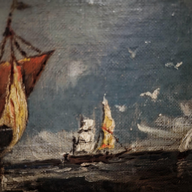 Antique Marine Oil Painting, 19th Century Sailing Ship, Original Signed Seascape Artwork, Stormy Sea with Lighthouse, French Coast Scene Art