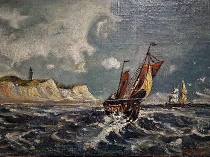 Antique Marine Oil Painting, 19th Century Sailing Ship, Original Signed Seascape Artwork, Stormy Sea with Lighthouse, French Coast Scene Art