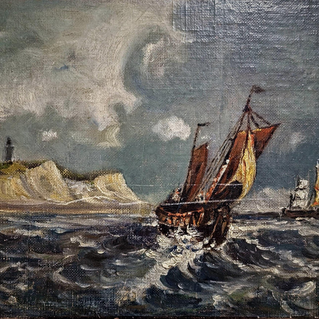 Antique Marine Oil Painting, 19th Century Sailing Ship, Original Signed Seascape Artwork, Stormy Sea with Lighthouse, French Coast Scene Art