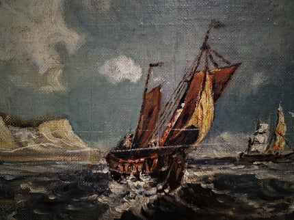 Antique Marine Oil Painting, 19th Century Sailing Ship, Original Signed Seascape Artwork, Stormy Sea with Lighthouse, French Coast Scene Art