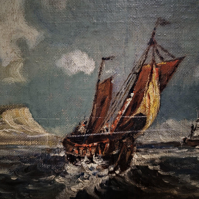 Antique Marine Oil Painting, 19th Century Sailing Ship, Original Signed Seascape Artwork, Stormy Sea with Lighthouse, French Coast Scene Art