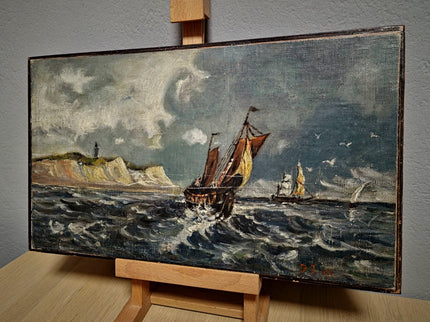Antique Marine Oil Painting, 19th Century Sailing Ship, Original Signed Seascape Artwork, Stormy Sea with Lighthouse, French Coast Scene Art