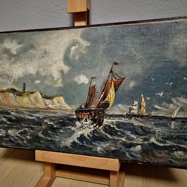 Antique Marine Oil Painting, 19th Century Sailing Ship, Original Signed Seascape Artwork, Stormy Sea with Lighthouse, French Coast Scene Art