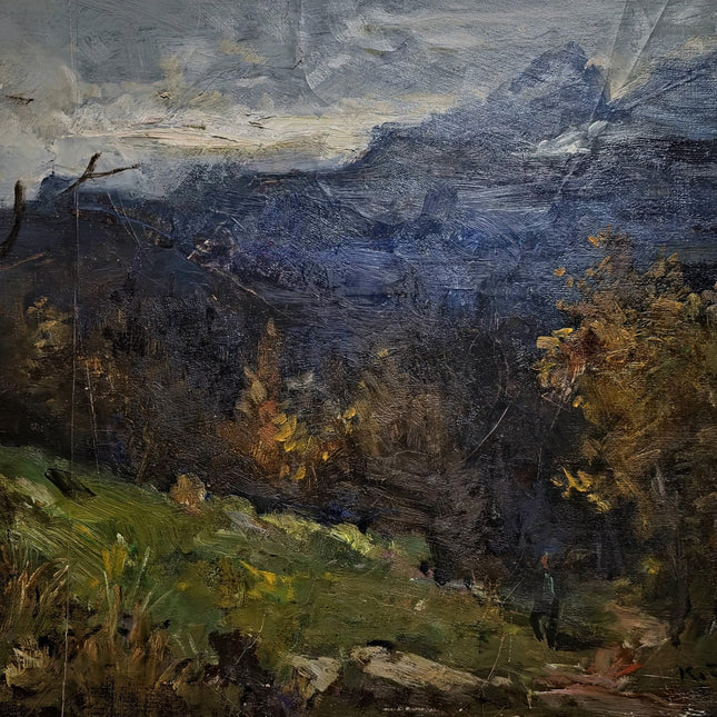 Vintage Mountain Moody Landscape Painting, German Signed Original Oil Art, Framed Alpine Scenic View, Rustic Wall Decor Nature-Inspired Gift