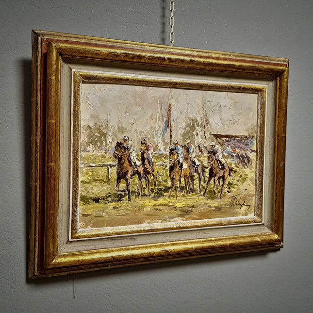 Vintage Equestrian Oil Painting, Horse Racing Scene, Signed European Artwork, Animal Art in Frame, Sporting Decor for Traditional Interiors