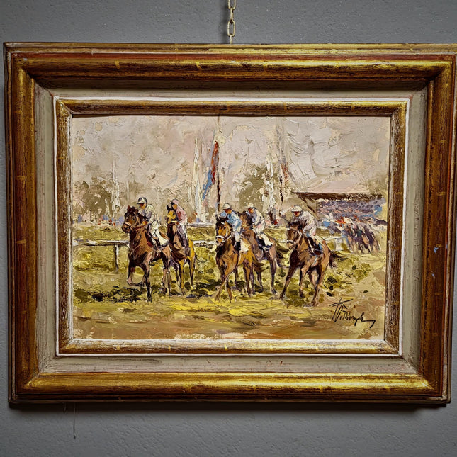 Vintage Equestrian Oil Painting, Horse Racing Scene, Signed European Artwork, Animal Art in Frame, Sporting Decor for Traditional Interiors