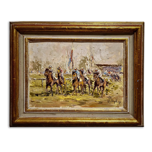 Vintage Equestrian Oil Painting, Horse Racing Scene, Signed European Artwork, Animal Art in Frame, Sporting Decor for Traditional Interiors
