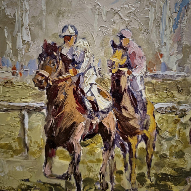 Vintage Equestrian Oil Painting, Horse Racing Scene, Signed European Artwork, Animal Art in Frame, Sporting Decor for Traditional Interiors