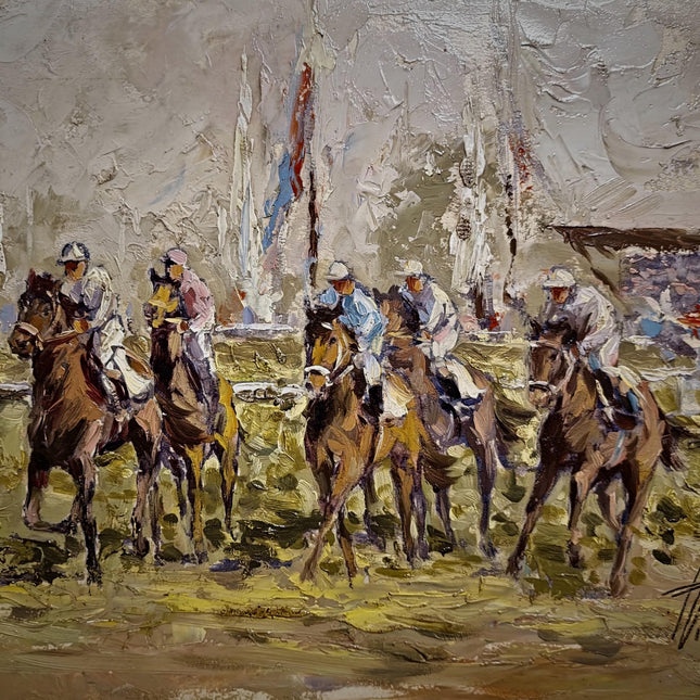 Vintage Equestrian Oil Painting, Horse Racing Scene, Signed European Artwork, Animal Art in Frame, Sporting Decor for Traditional Interiors