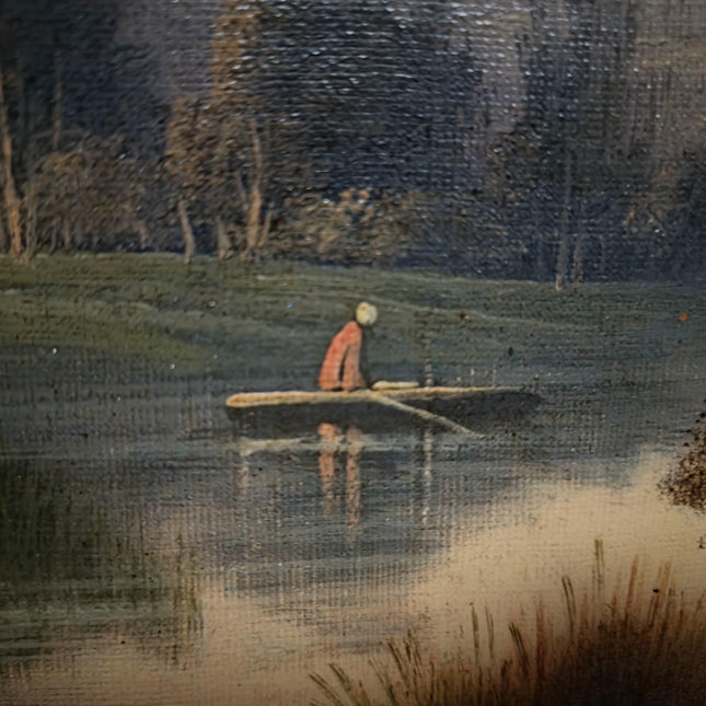 Antique French Oil Painting Rural Landscape, Signed River Scene on Canvas, Original Impressionist Artwork Gold Framed Cottagecore Wall Decor