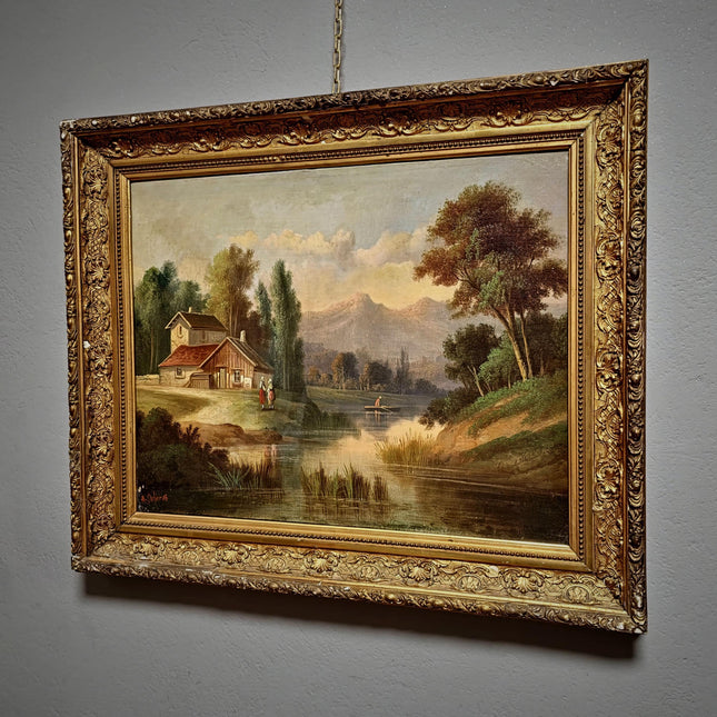 Antique French Oil Painting Rural Landscape, Signed River Scene on Canvas, Original Impressionist Artwork Gold Framed Cottagecore Wall Decor