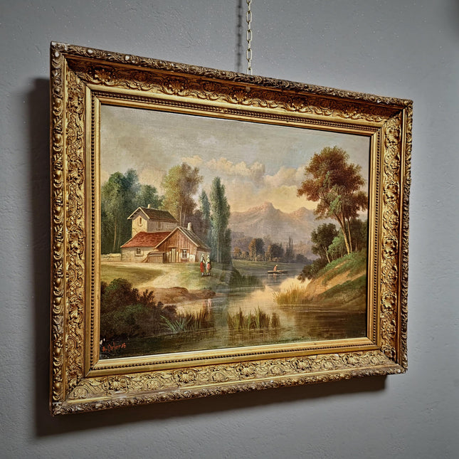 Antique French Oil Painting Rural Landscape, Signed River Scene on Canvas, Original Impressionist Artwork Gold Framed Cottagecore Wall Decor