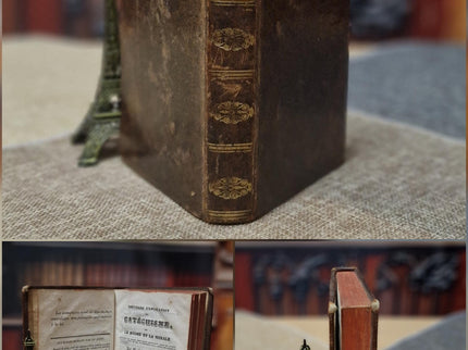 Rare Antique Religious French Book Set, Leather Bound, Catholic Spiritual Decor, Dark Academia Bookshelf Gift, Shabby Chic Library Display