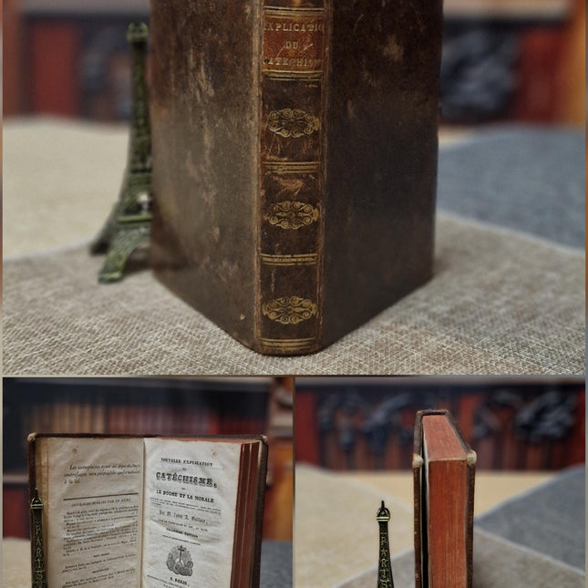 Rare Antique Religious French Book Set, Leather Bound, Catholic Spiritual Decor, Dark Academia Bookshelf Gift, Shabby Chic Library Display