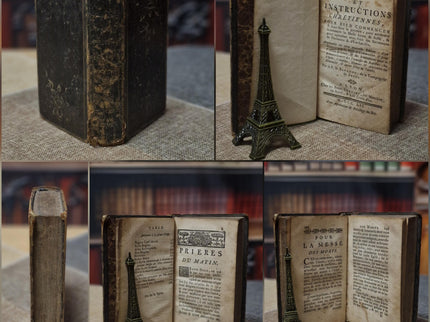Rare Antique Religious French Book Set, Leather Bound, Catholic Spiritual Decor, Dark Academia Bookshelf Gift, Shabby Chic Library Display