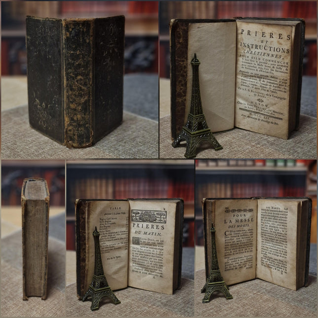 Rare Antique Religious French Book Set, Leather Bound, Catholic Spiritual Decor, Dark Academia Bookshelf Gift, Shabby Chic Library Display