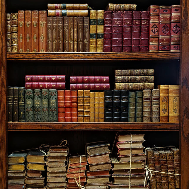 Antique French Leather Bound Books, 17th–20th Century, Dark Academia Bookshelf Decor, Vintage Library Collection for Interior Design