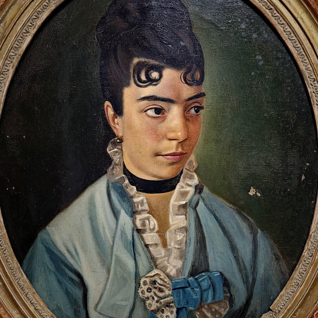 Antique Portrait Oil Painting, 19th Century French Artwork, Oval Canvas in Original Frame, Victorian Wall Art, Moody Classical Female Figure