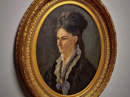 Antique German Oil Painting, 19th Century Large Female Portrait, Original Oval Canvas, Museum-Style, Gold Ornate Frame, Elegant Wall Art