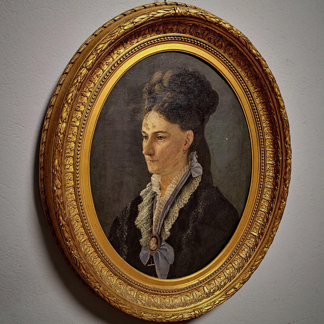 Antique German Oil Painting, 19th Century Large Female Portrait, Original Oval Canvas, Museum-Style, Gold Ornate Frame, Elegant Wall Art