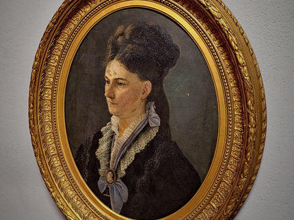 Antique German Oil Painting, 19th Century Large Female Portrait, Original Oval Canvas, Museum-Style, Gold Ornate Frame, Elegant Wall Art
