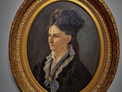Antique German Oil Painting, 19th Century Large Female Portrait, Original Oval Canvas, Museum-Style, Gold Ornate Frame, Elegant Wall Art