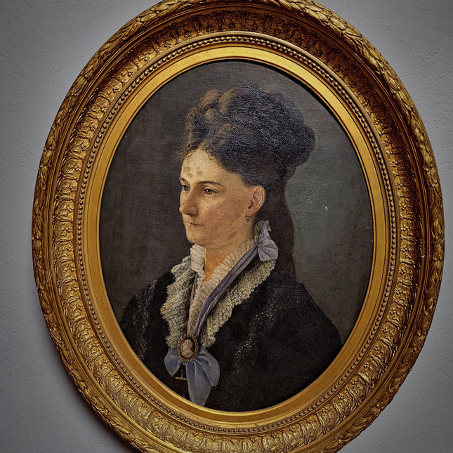 Antique German Oil Painting, 19th Century Large Female Portrait, Original Oval Canvas, Museum-Style, Gold Ornate Frame, Elegant Wall Art