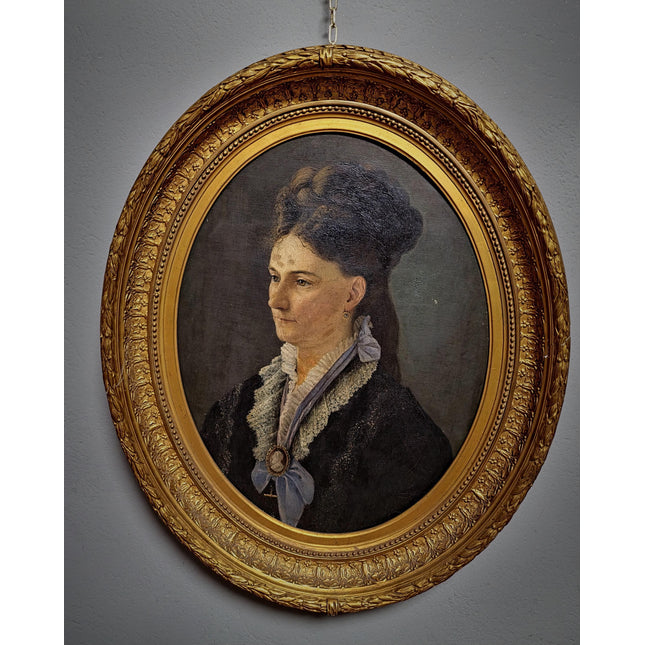 Antique German Oil Painting, 19th Century Large Female Portrait, Original Oval Canvas, Museum-Style, Gold Ornate Frame, Elegant Wall Art