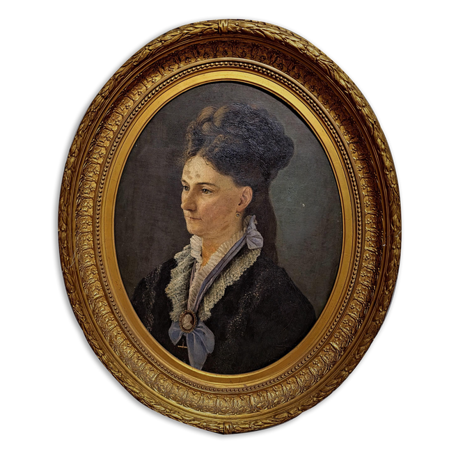 Antique German Oil Painting, 19th Century Large Female Portrait, Original Oval Canvas, Museum-Style, Gold Ornate Frame, Elegant Wall Art