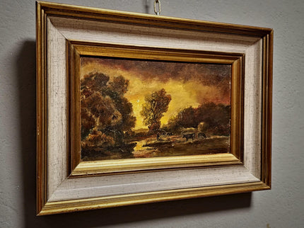Antique Barbizon Landscape Oil Painting, Cows at Sunset, Framed French Art